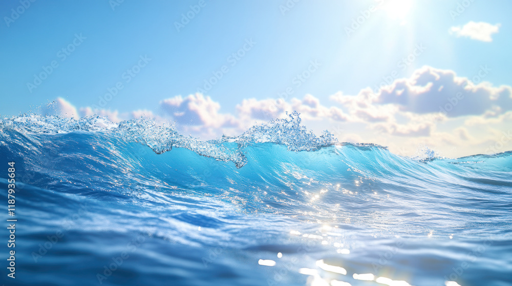 Fototapeta Prompt: A shiny ocean wave shimmering under a clear blue sky, with its crystal-clear crest illuminated by sunlight in a breathtaking 4K scene.