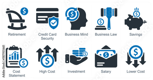 A set of 10 business icons as retirement, credit card security, business mind