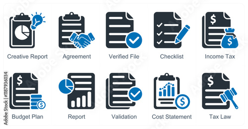 A set of 10 business icons as creative report, agreement, verified file