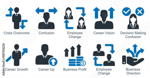 A set of 10 business icons as crisis overcome, confusion, employee change