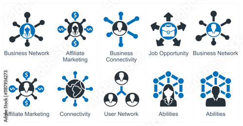 A set of 10 business icons as business network, affiliate marketing, business connectivit