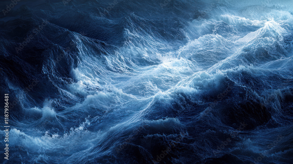 Obraz premium Prompt: A spectacular bird's-eye view of the ocean, featuring foamy white waves crashing in rhythmic layers across the dark blue sea. A mesmerizing 4K drone shot.