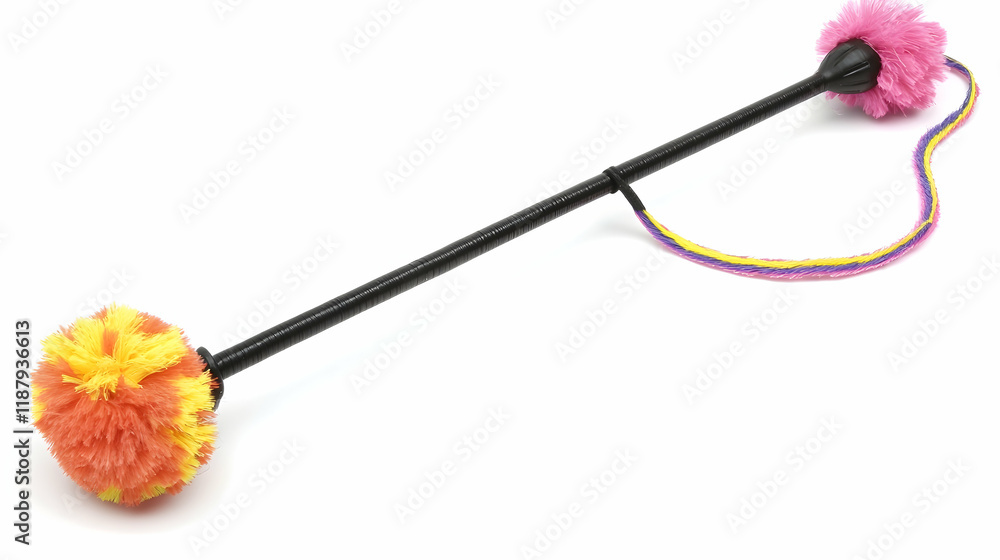 Colorful Cat Toy Wand with Pom-Poms on White Background Colorful Cat Toy Wand with Pom-Poms on White Background