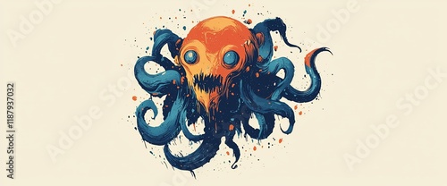 Gnarled, orange skull with blue tentacles on beige background. photo