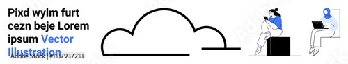 Two individuals using laptops, connected by a large cloud icon. Ideal for remote work, cloud computing, technology, digital collaboration, networking, online communication, and data storage themes