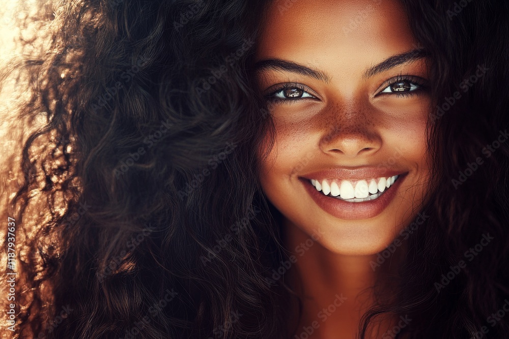 Commercial ad campaign visual idea. Long trim - curly hair. Gorgeous smiling mixed-race girl - for ads, boulevard poster and internet marketing use. African american fashion concept. Commercial ad campaign visual idea. Long trim - curly hair. Gorgeous smiling mixed-race girl - for ads, boulevard poster and internet marketing use. African american fashion concept.