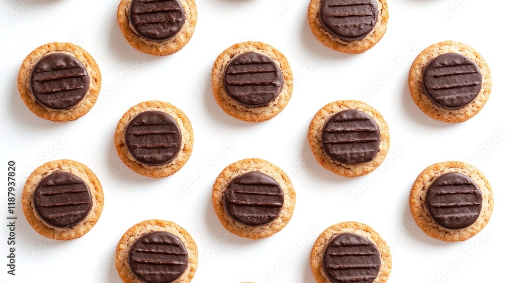 Flat lay of chocolate-topped biscuits in repeating pattern on white background. Flat lay of chocolate-topped biscuits in repeating pattern on white background.