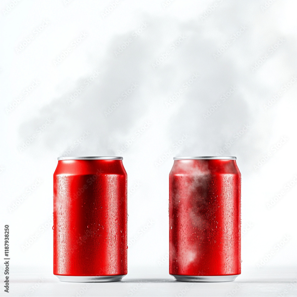 In the e-commerce scene, two red drink cans, with a large mist, mist, minimalism, white background In the e-commerce scene, two red drink cans, with a large mist, mist, minimalism, white background