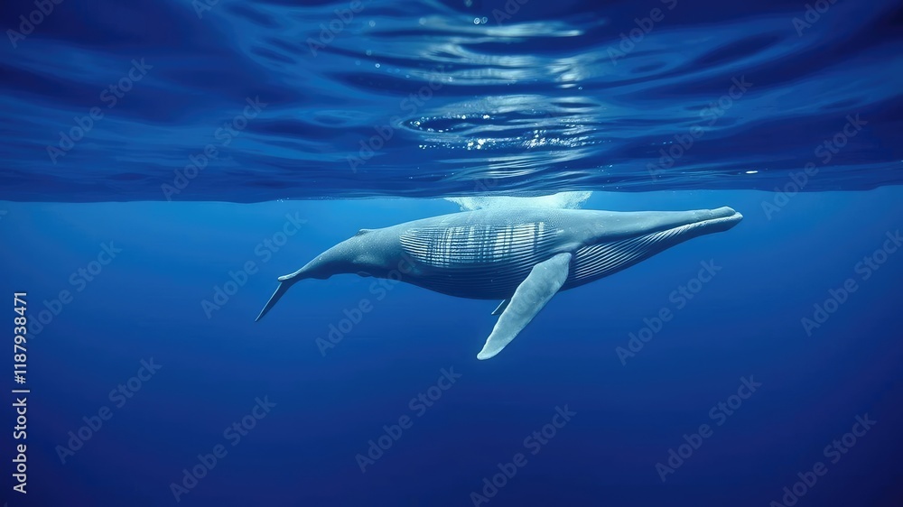 Naklejka premium A humpback whale dives below the surface of the ocean, its body slicing through the water with ease as it explores the depths in search of food or shelter., marine life, humpback whale