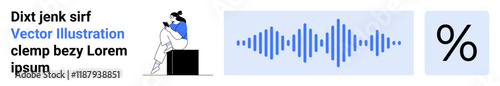 Text block with a person using a phone, audio waveform, and percentage symbol. Ideal for digital content, communication, analytics, multimedia, technology data visualization and marketing. Landing