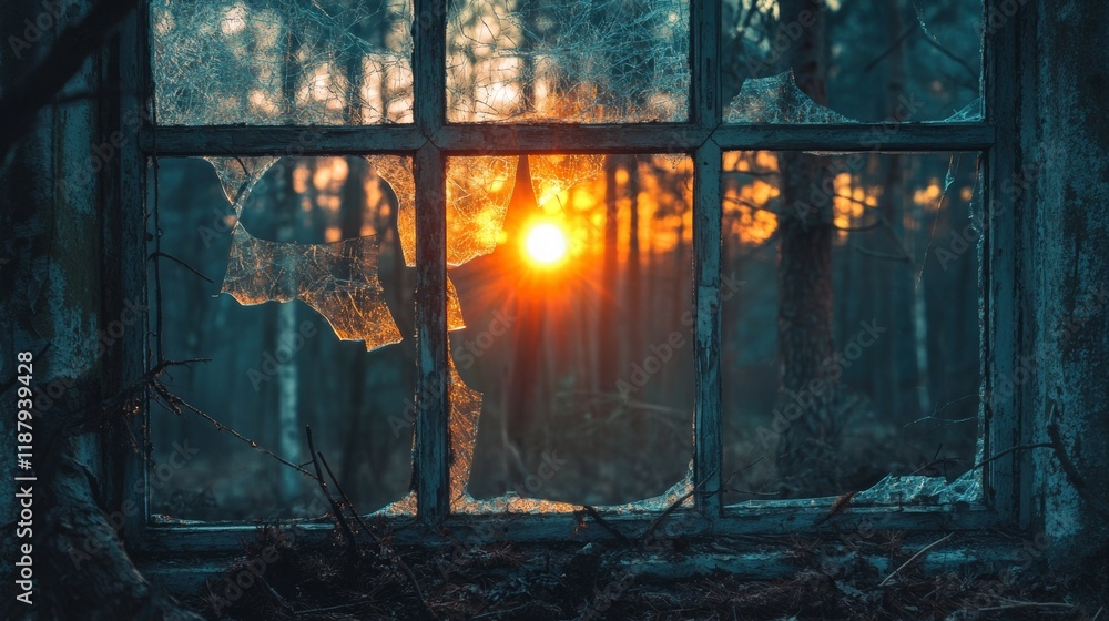 Fototapeta premium sunset in forest through broken window, Fairytale landscape, 16:9