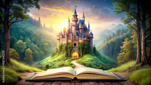 Magic castle in the forest with magic book. Fairy tale concept. Created with Generative AI