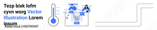 Digital shopping interface with two people interacting around a BUY button. Thermometer on the side indicates tracking metrics. Ideal for e-commerce, digital marketing, analytics, user interaction