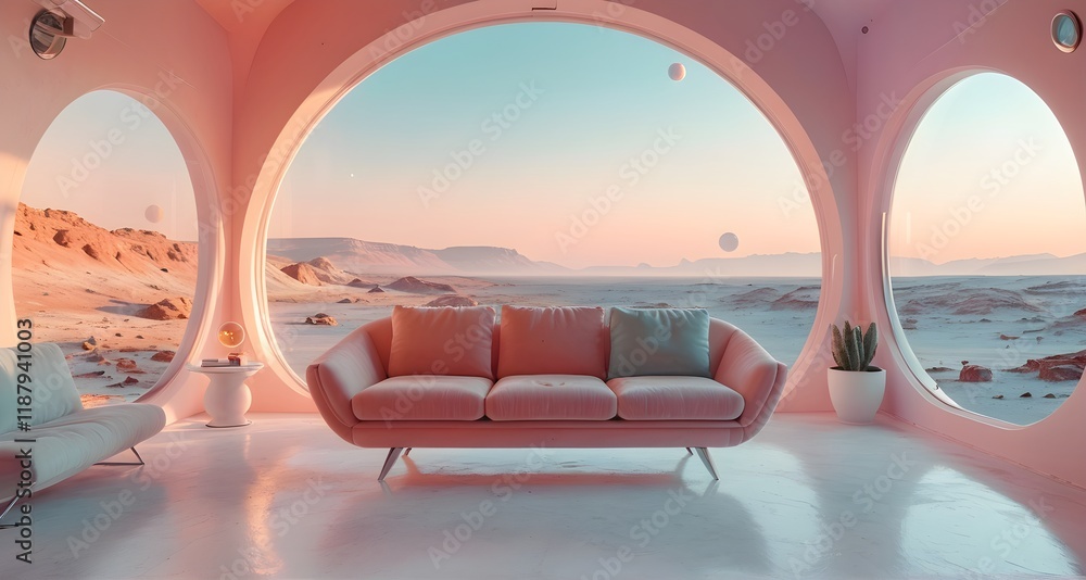 Fototapeta premium A futuristic space-themed room with a pink couch and large windows showing a view of distant mountains and planets