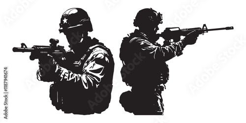 Silhouette vector set of an American soldier holding a gun. On white background
