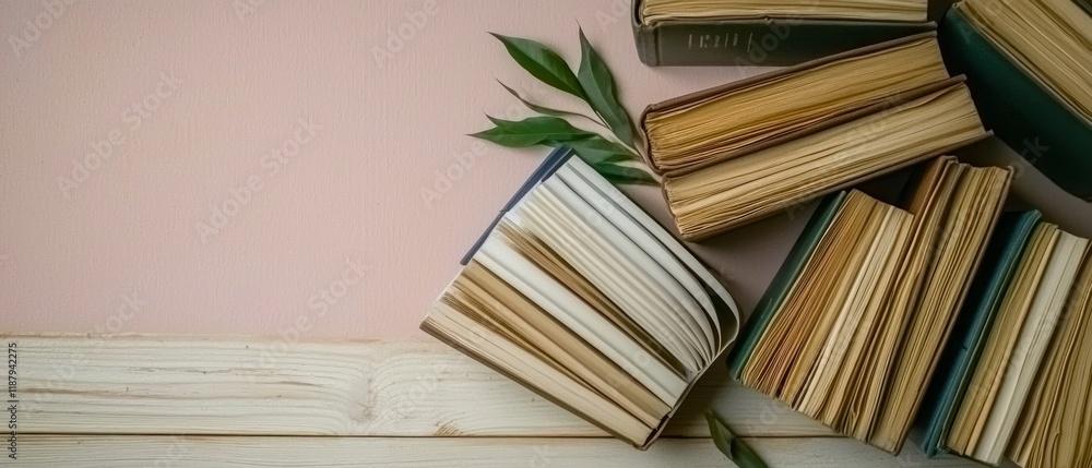 Fototapeta premium Stack of Vintage Books Wooden Table Pink Background Reading Education Literature