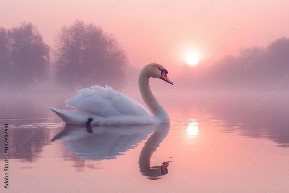 Obraz premium Swan glides gracefully on still water as the sun rises behind a misty landscape
