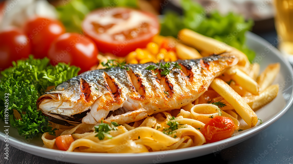 There's pasta, fish, vegetables, and fries on the plate There's pasta, fish, vegetables, and fries on the plate