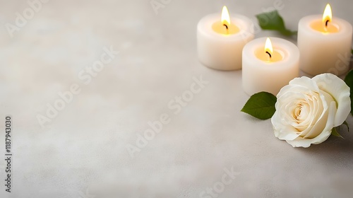 Three lit candles and white rose on textured background, sympathy card design