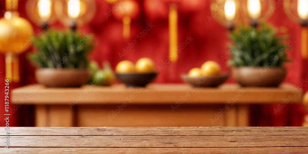 A vibrant and festive scene featuring glowing red Chinese lanterns hanging against a blurred traditional market backdrop, with a rustic wooden table in the foreground, celebrating the charm of Lunar N