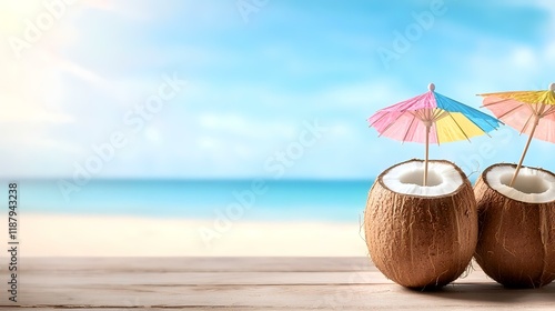 Wallpaper Mural Tropical Coconut Drinks on Beach Table, Sunny Ocean Background, Summer Vacation Ad Torontodigital.ca