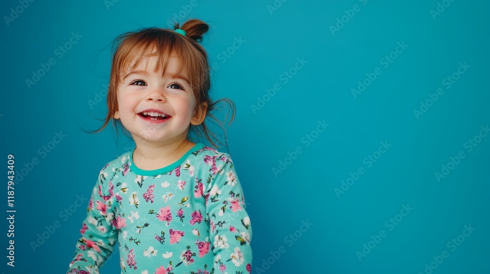 Joyful caucasian female toddler smiling in floral outfit against blue background Joyful caucasian female toddler smiling in floral outfit against blue background