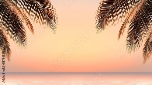 Fototapeta Naklejka Na Ścianę i Meble -  Tropical sunset beach palm leaves frame ocean background