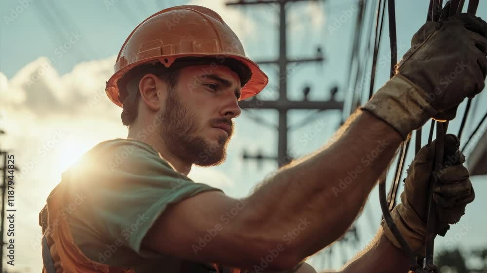 Construction Worker Installing Electric Lines During Sunset Hours in City Construction Worker Installing Electric Lines During Sunset Hours in City