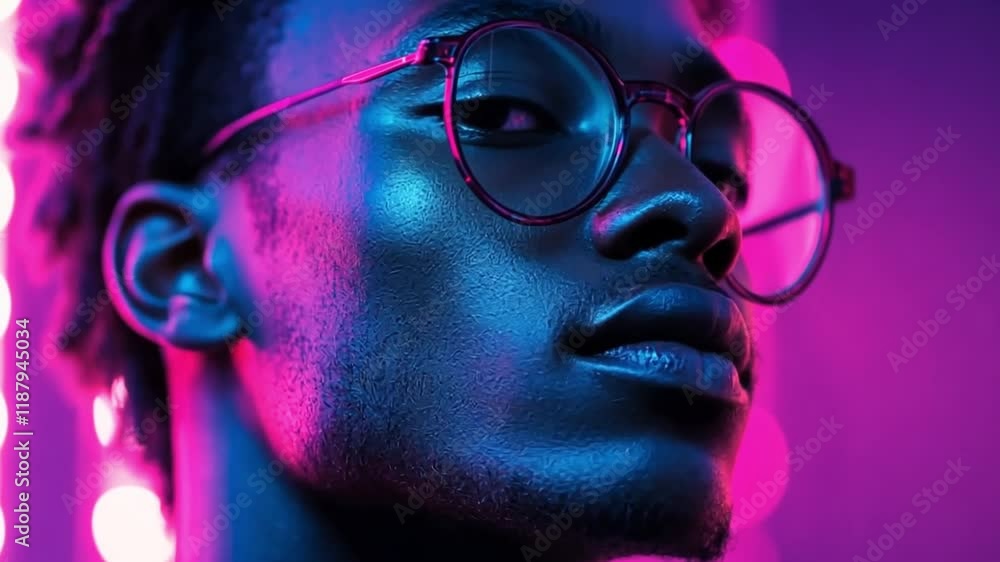 This image features a person with unique style and glasses illuminated by vibrant lights. It captures the essence of fashion and creativity in a modern context. Generative AI This image features a person with unique style and glasses illuminated by vibrant lights. It captures the essence of fashion and creativity in a modern context. Generative AI