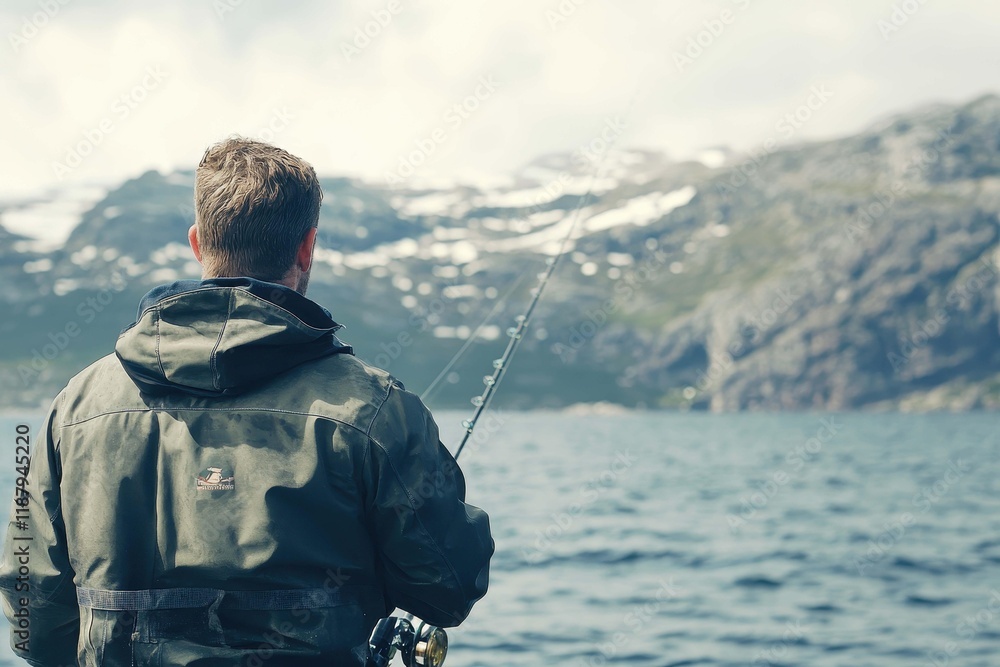 Fisherman casts line into tranquil waters surrounded by mountains in Norway during early morning hours Fisherman casts line into tranquil waters surrounded by mountains in Norway during early morning hours