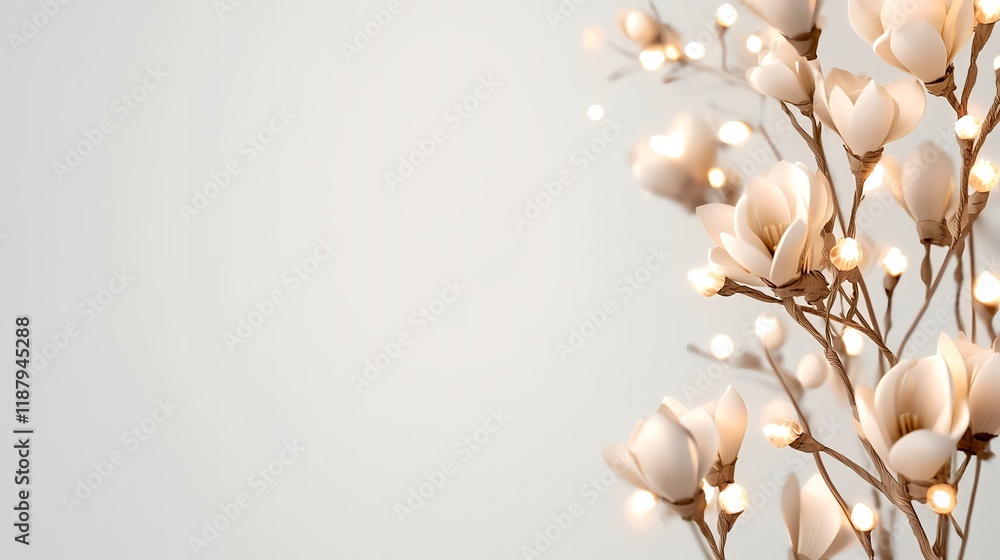Illuminated Magnolia Branch on White Background, Festive Decor, Copy Space, Spring Illuminated Magnolia Branch on White Background, Festive Decor, Copy Space, Spring