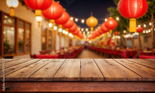 A vibrant and festive scene featuring glowing red Chinese lanterns hanging against a blurred traditional market backdrop, with a rustic wooden table in the foreground, celebrating the charm of Lunar N photo