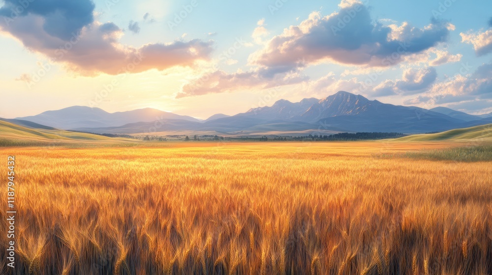 Golden wheat field at sunset, mountain backdrop. Golden wheat field at sunset, mountain backdrop.