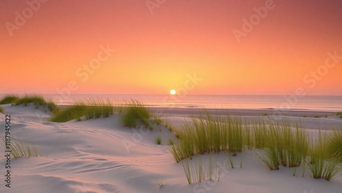 Serene Sunset Over Sandy Beach Dunes With Grass photo