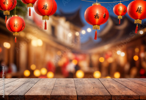 A vibrant and festive scene featuring glowing red Chinese lanterns hanging against a blurred traditional market backdrop, with a rustic wooden table in the foreground, celebrating the charm of Lunar N photo