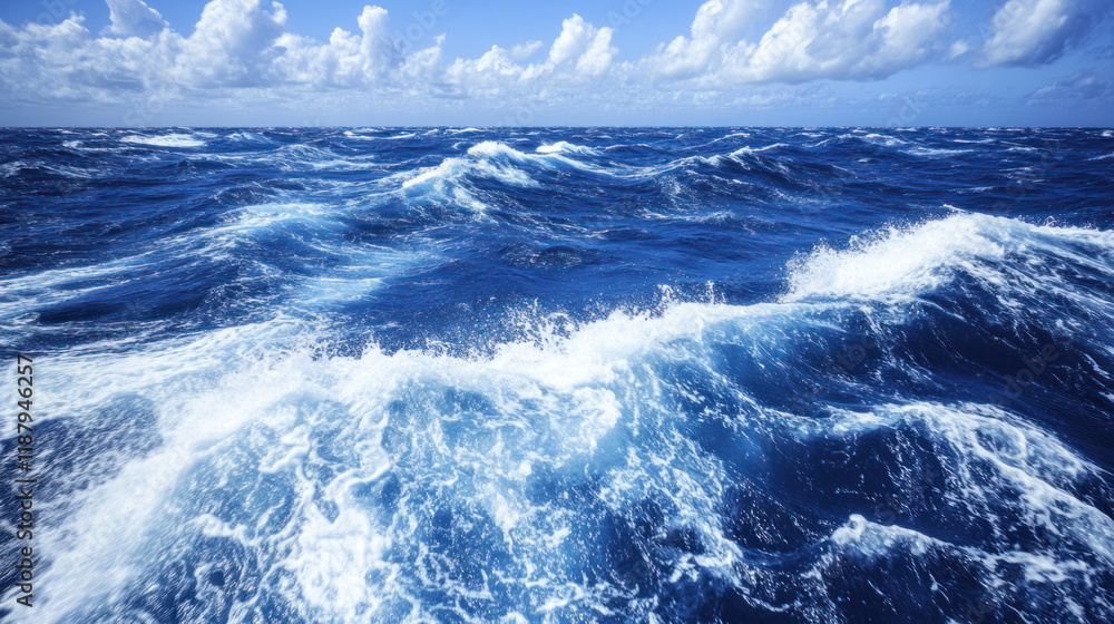 Fototapeta premium Prompt: High-resolution bird-eye shot of ocean waves, showing white foam splashing against rich blue waters. A tranquil yet powerful depiction of the sea.