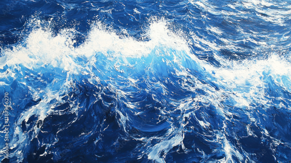 Obraz premium Prompt: High-resolution bird-eye shot of ocean waves, showing white foam splashing against rich blue waters. A tranquil yet powerful depiction of the sea.