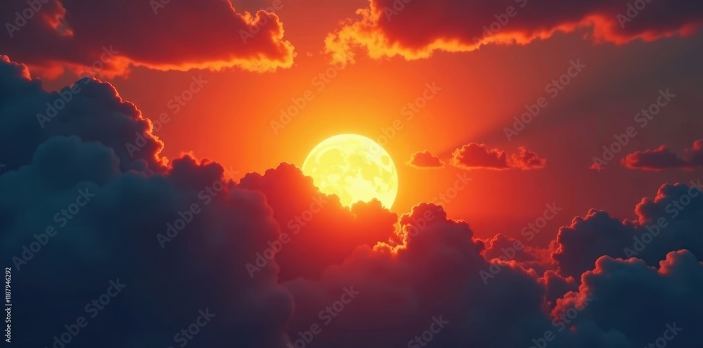 Fiery orange sun dips below a thick, textured cloud layer , peaceful, sun Fiery orange sun dips below a thick, textured cloud layer , peaceful, sun