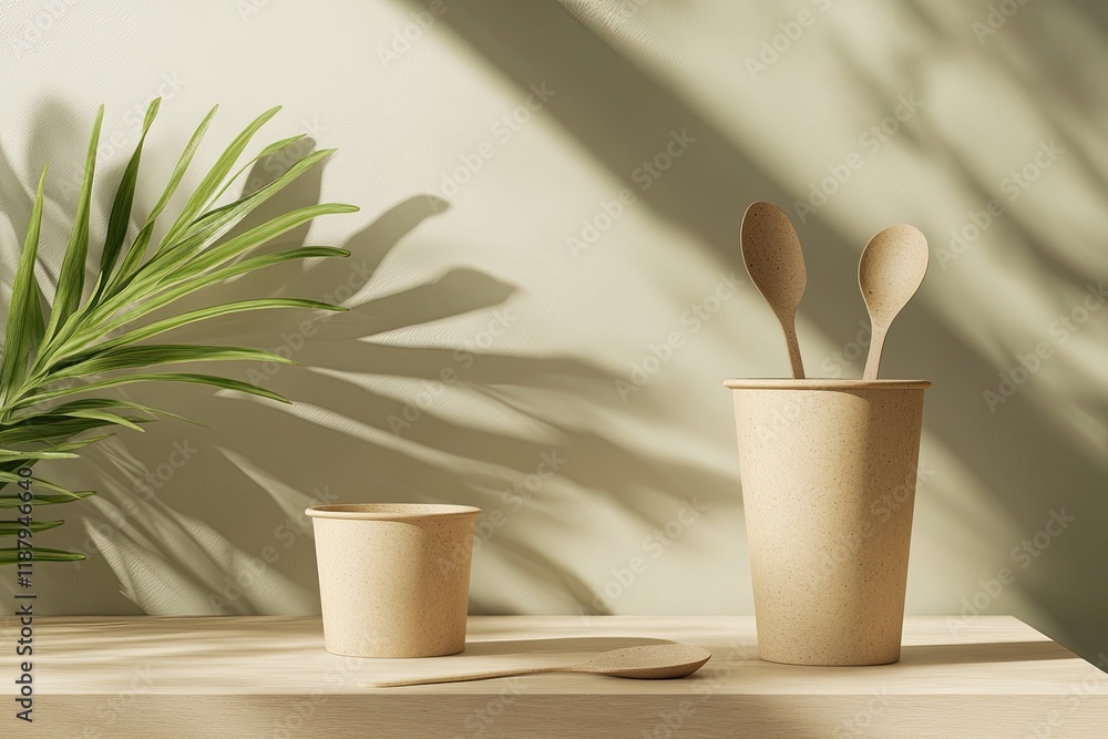 Beige paper cups and spoons on a wooden surface, with tropical plant shadows Beige paper cups and spoons on a wooden surface, with tropical plant shadows
