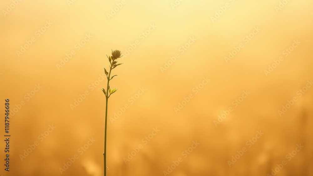 Obraz premium A single wildflower reaches towards the golden light of dawn, standing tall in a field of muted hues.