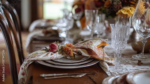 Dining room decor, interior design and autumn holiday celebration, elegant autumnal table decoration with candles and flowers, home decor, wedding and country cottage style idea photo