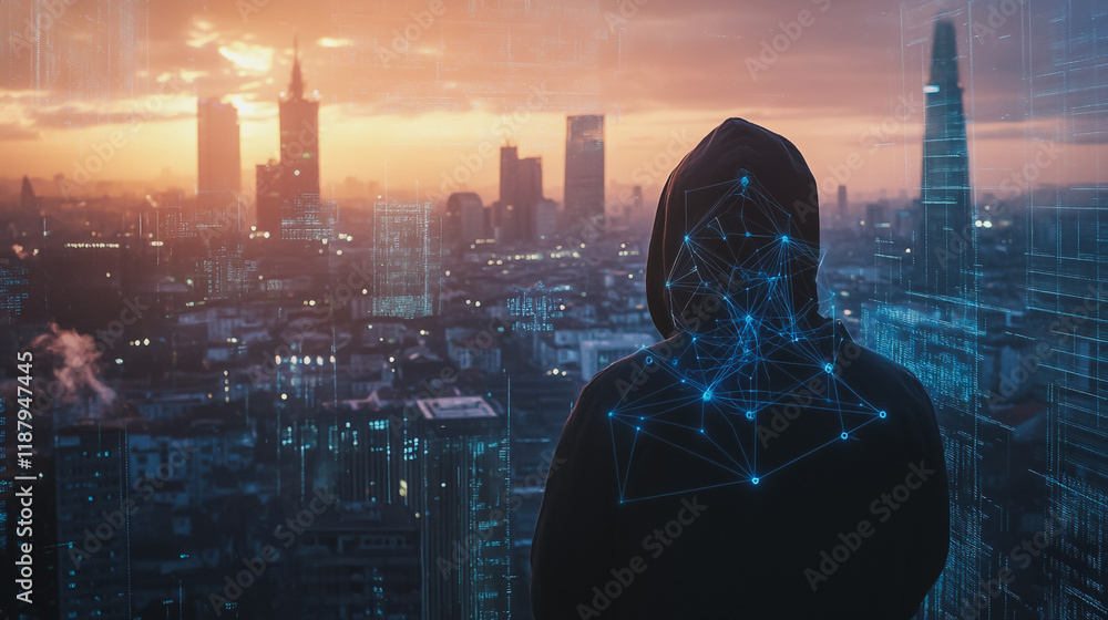 Hacker are planning to hack and attack networks and cyber security systems. Smart digital city with connection cyber security network reciprocity over the cityscape .