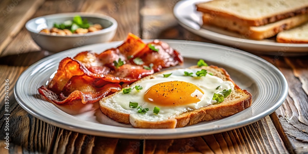 Rustic Breakfast Plate: Fried Egg, Bacon, and Toast – Documentary Photography Style Rustic Breakfast Plate: Fried Egg, Bacon, and Toast – Documentary Photography Style