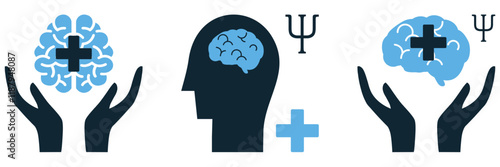 Minimalist Mental Health and Psychology Icon Vector Set - Flat Design Illustrations Representing Mental Wellness, Therapy, Cognitive Support, and Psychological Concepts