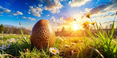 Rustic Farm Landscape: Brown Egg with QR Code Stamp, Sunny Field Background photo