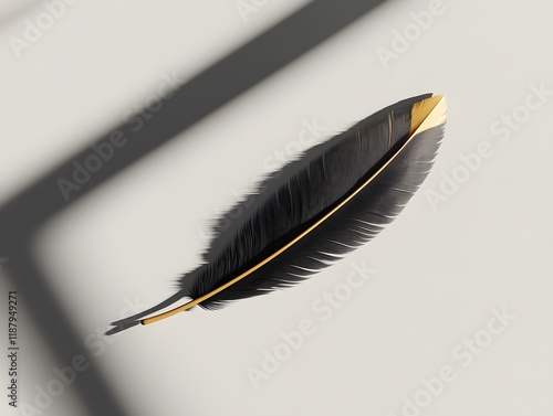 Elegant Black Feather with Golden Tip: Minimalist Shadow Art photo