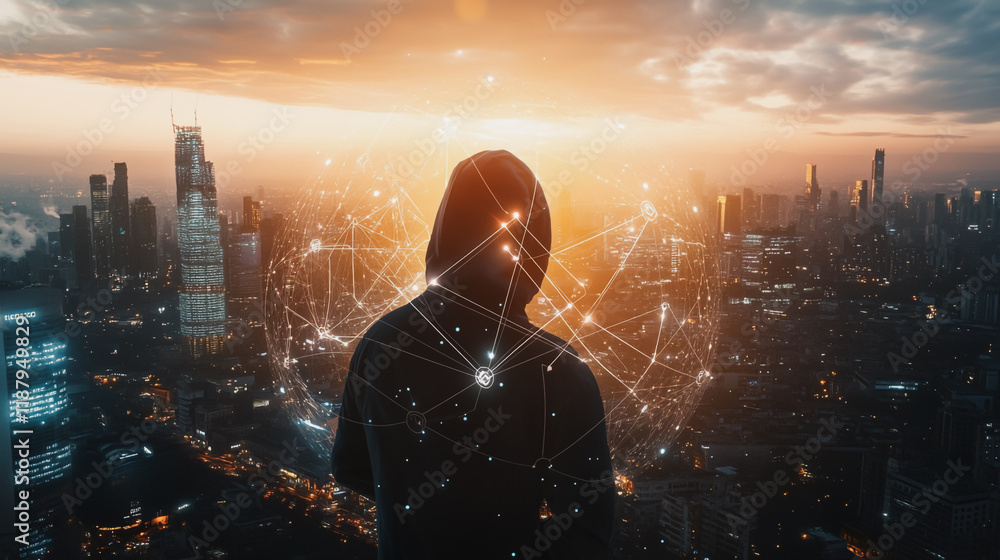 Fototapeta premium Hacker are planning to hack and attack networks and cyber security systems. Smart digital city with connection cyber security network reciprocity over the cityscape .