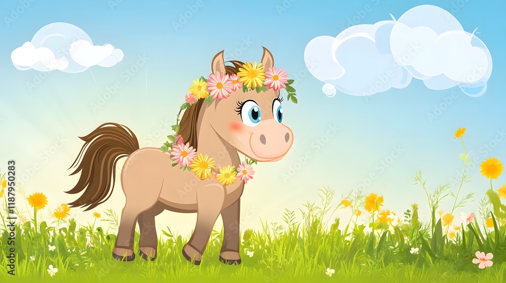 Fototapeta premium Happy horse wearing a flower garland standing in a grassy field under a sunny sky, showcasing a cheerful and whimsical design, perfect for kids and playful illustrations