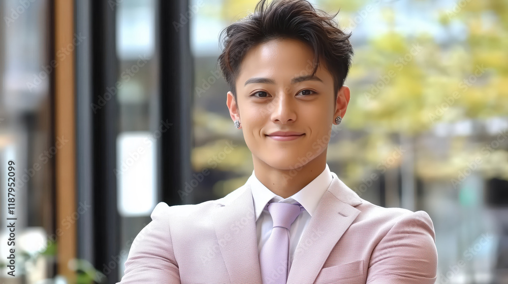 Confident Businessman Embracing Style and Individuality: Representation of Diversity and LGBTQ+ Empowerment in Modern Professional Environments.