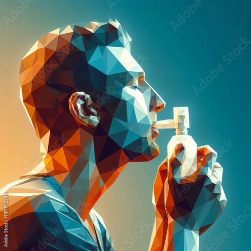 Low Poly Style A man inhaling oxygen rendered in a low poly D st photo